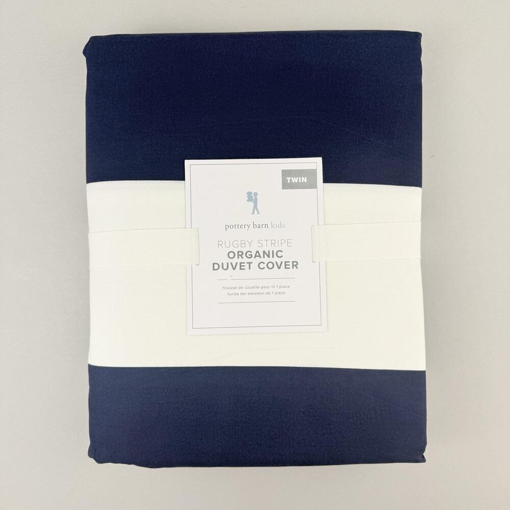 Pottery Barn Kids Rugby Stripe Organic Duvet Cover TWIN Navy Blue White NEW